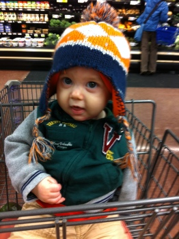 Noah shopping for produce after his hives cleared up. 